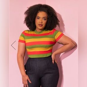 BAD GIRL CROP TOP IN ORANGE/YELLOW/AVOCADO STRIPES - VIXEN BY MICHELINE PITT